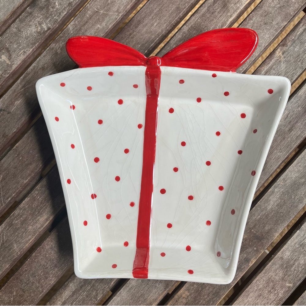 Holiday Red and White Polka Dot Glazed Pottery Dish